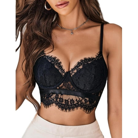 Lace Tank Top for Women V Neck Bralette Push Up Bra Outfits (Black  X-Large)