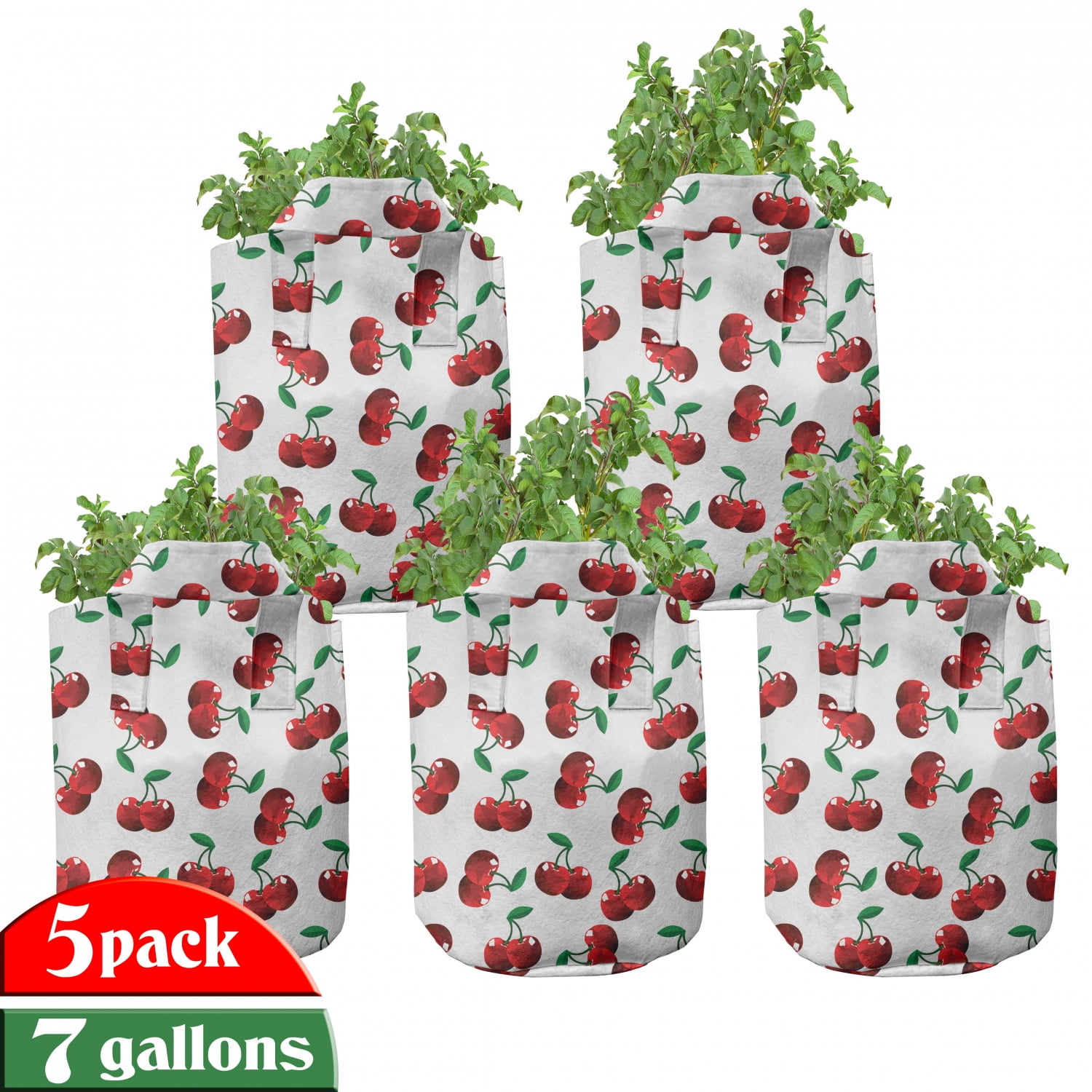 Fruits Grow Bags 5Pack, Vibrant Cherries Summer, Heavyduty Fabric Pots with Handles for Plants