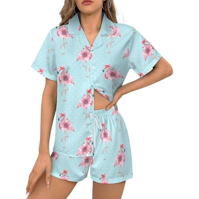 SKQIT Ensembles de Pyjama à Manches Courtes pour Femmes, 2 Pcs Imprimé Mignon Chemise Boutonnée en Satin Doux et Shorts
