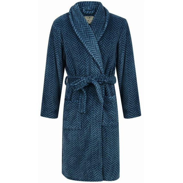 John Christian Men's Blue Herringbone Fleece Robe, Blue Herringbone, Large