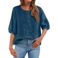 thumbnail image 3 of DENGDENG Embroidered Cotton Linen Tops for Women 3/4 Sleeve Summer Boho Peasant Gauze Blouses Dressy Casual Bohemian Shirts, #03 Navy XXL, 3 of 7