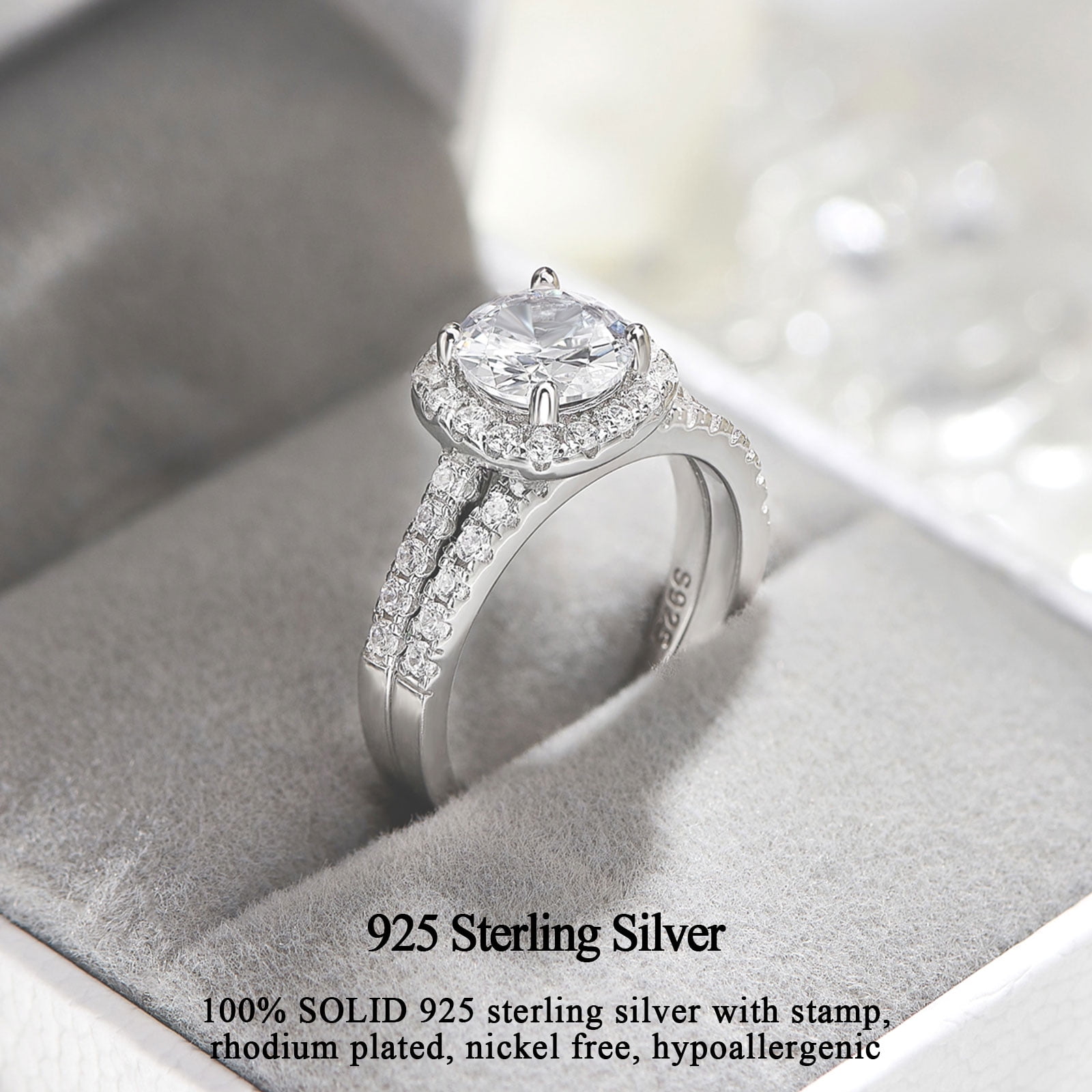 Wuziwen 2Ct Round Cut Wedding Rings for Women Halo Engagement Ring Sets 925 Sterling Silver CZ Size 7