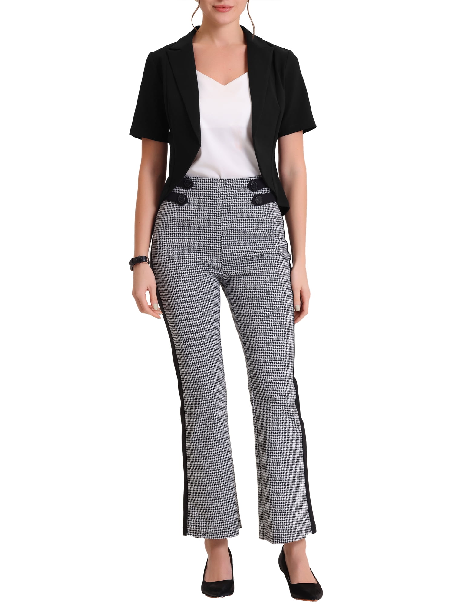 Unique Bargains Women's Cardigan Open Front Notch Lapel Short Sleeve Blazer XL Balck