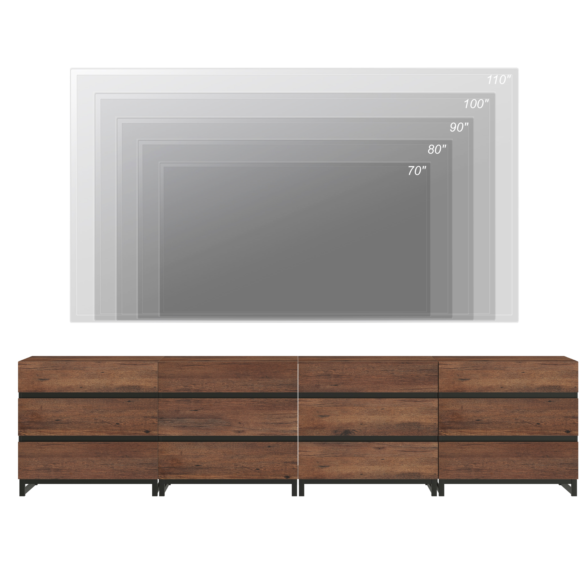Modern TV Stand with 12 Drawers and Metal Base, Entertainment Center Media Console for Living Room Bedroom, Fits TVs up to 120 Inch, Brown