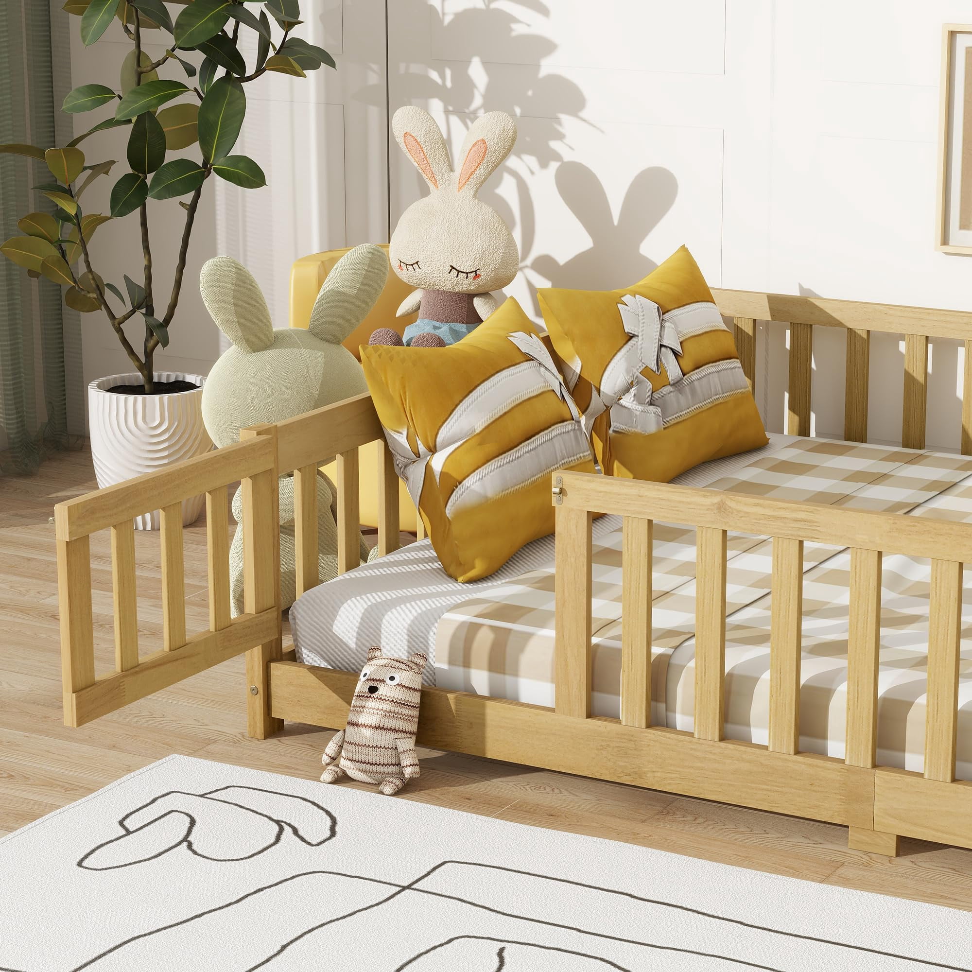 DreamBuck Floor Bed Full Size Montessori Bed Frame with Fence and Door, Wooden Full Size Floor Bed for Boys Girls, Slats Included, No Box Spring Needed, Easy Assembly