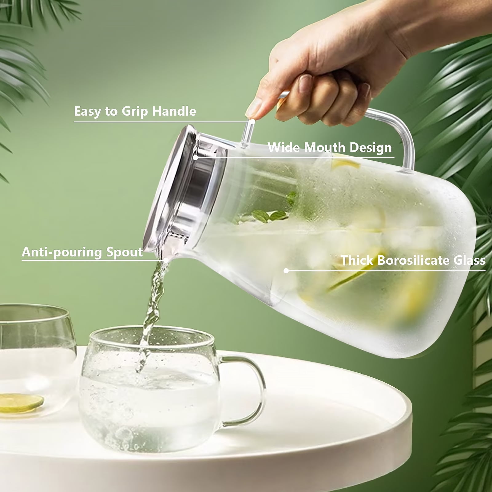 WhiteRhino 68oz Glass Pitchers with Stainless Steel Lid and Spout, Clear Glass Cold Water Pitcher for Beverage, Coffee,Juice,Sun Tea