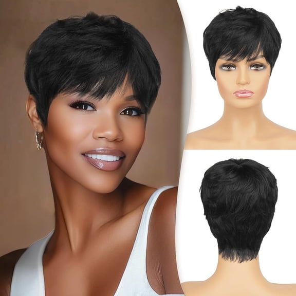 QUEENTAS 9" Human Hair Wig Short Wigs for Women Glueless Wigs Human Hair Black Wigs Pixie Cut Wigs with Bangs