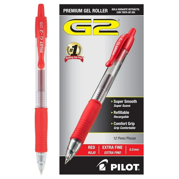 , G2 Premium Gel Pens, Extra Fine Point 0.5 mm, Pack of 12, Red