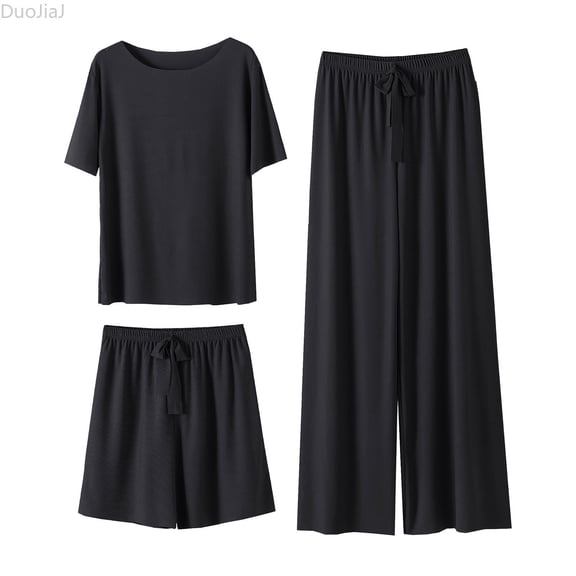 DuoJiaJ Summer New Ice Silk Pajamas Set Women's Short Sleeved Shorts Wide Leg Pants Solid Color Home Three Piece Set Can Be Worn Loosely Summer Pajamas Women Black One Size
