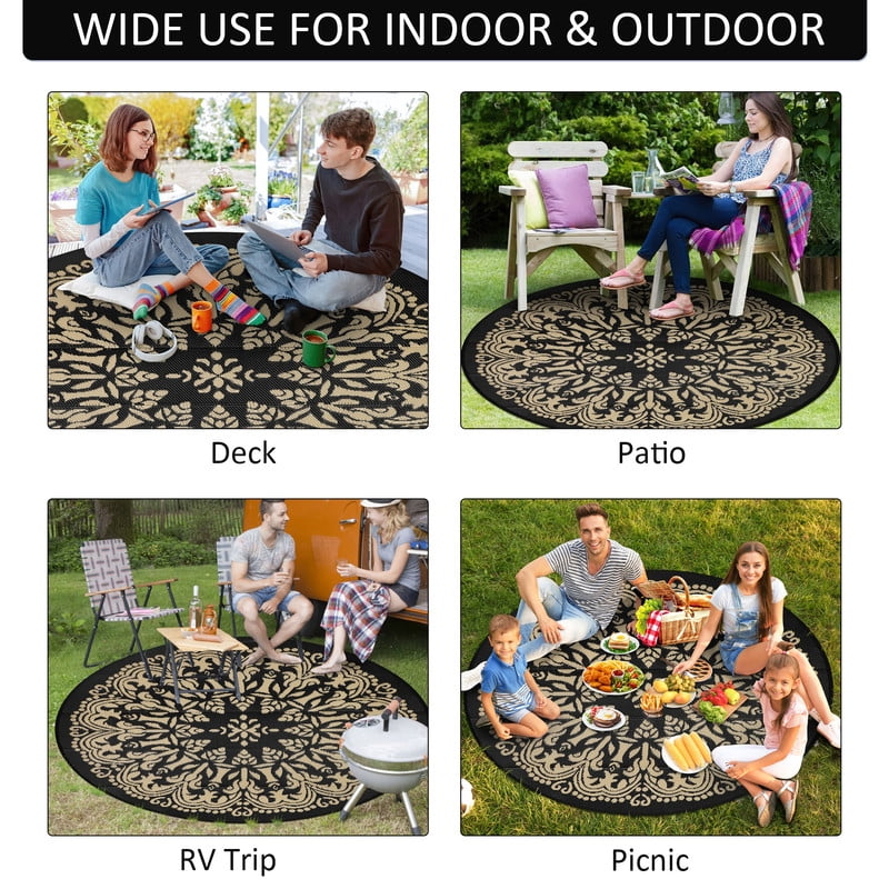 Aonewoe Round Outdoor Rugs 8Ft Waterproof Patio Plastic Straw Rug Reversible Camping Carpet Indoor Outdoor Area Rug for Patio,Deck,Balcony,Picnic,Beach,Outside