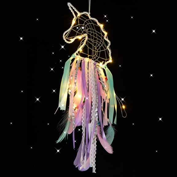 YANSION Unicorn Dream Catcher with Light Colorful Light up Dream Catchers Handmade Purple Pink and Blue Feather Boho Baby Room Decor Kids Bedroom Decoration Gift (Light up Unicorn)