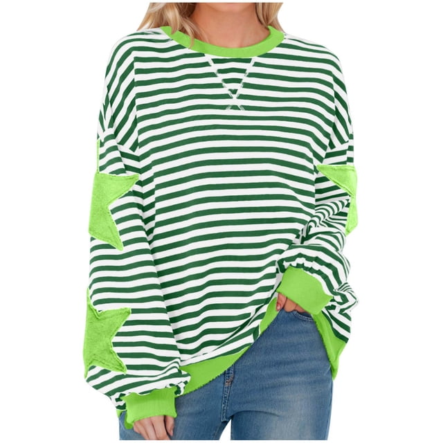 Swstbby Liquidation d'Économies d'Automne! Hauts d'Automne pour Femmes Grande Taille, Blouse Mode pour Femmes à Col Rond à Rayures Imprimées Ample à Manches Longues Blouses Chandails Vert TTG