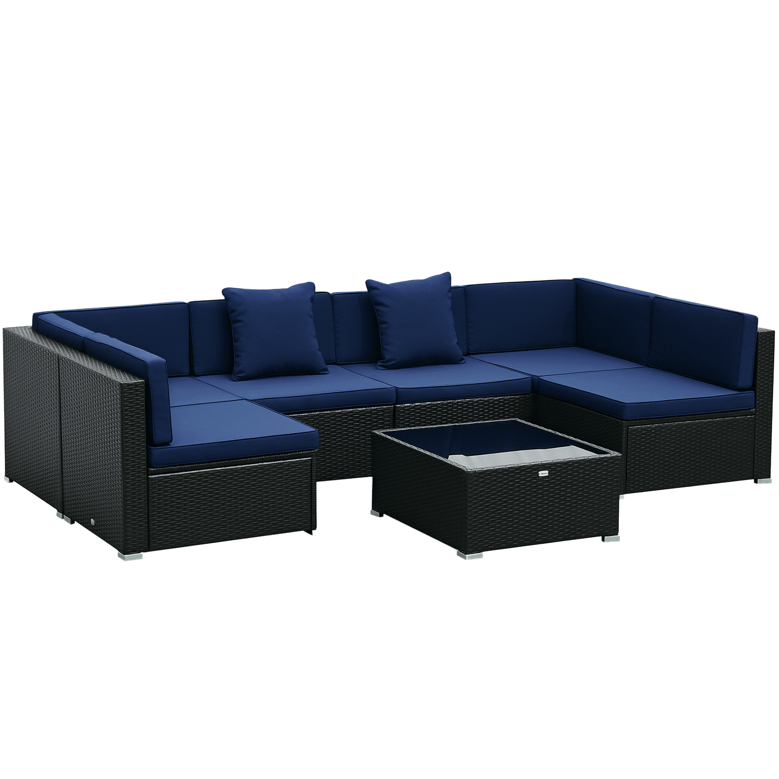 Outsunny 7 Piece Outdoor Patio Furniture Set, PE Rattan Wicker Sectional Sofa Set with Couch Cushions, Pillows, Coffee Table, Blue
