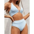 thumbnail image 3 of ZAFUL Women Swimsuit Ribbed O Ring Halter Plunge Front Tankini Swimwear Light Blue L, 3 of 7