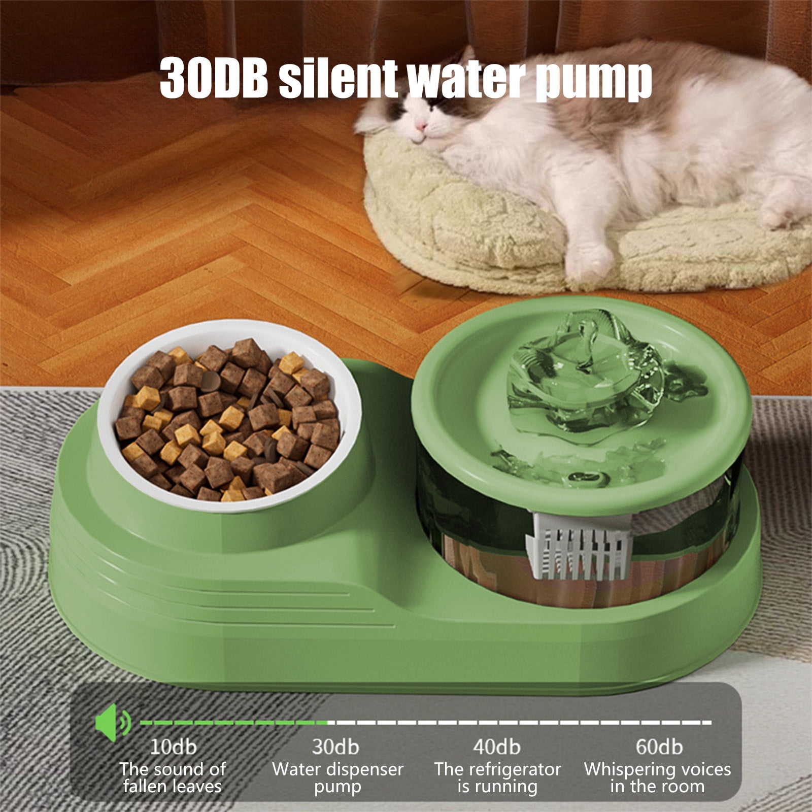 COM1950s Automatic Cat Water Fountain with Food Bowl,2 in 1 Pet Feeder and Drinking Fountain with Splash-Free Design,Anti-Slide Base for Cats and Small Dogs