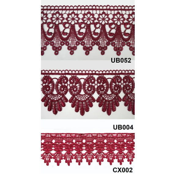 3" Burgundy Maroon Embroidered Venice Lace Trim Floral Guipure Trimming By Yard
