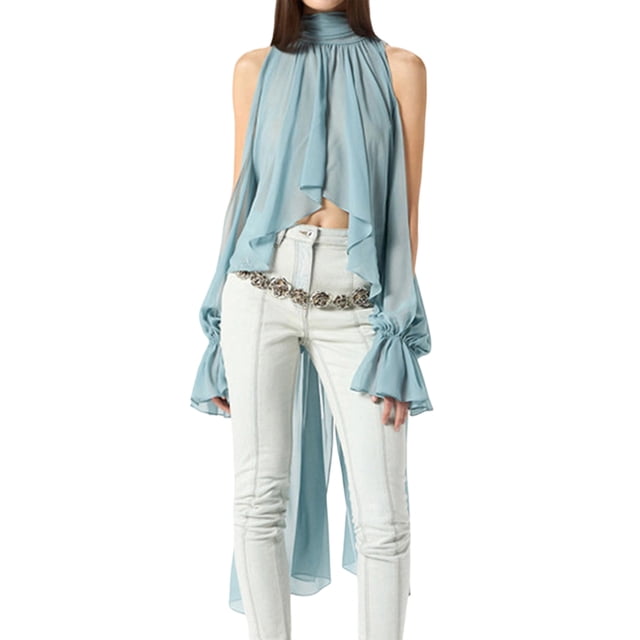 Women'S Chiffon Blouse Asymmetrical Tops Split Sleeve Sheer Flowy Mock Neck Halter Top Blue S