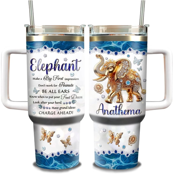 Personalized Elephant Tumbler 40oz with Handle and Straw Custom Name Jewelry Style Stainless Steel Travel Mug Inspirational Sayings Birthday Gifts For Elephants Lovers