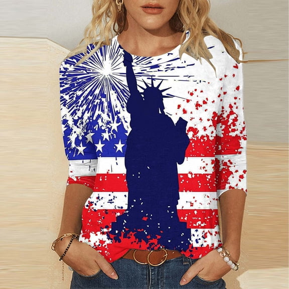 TARIENDY 3/4 Length Sleeve Womens Shirts Independence Day Plus Size Tunic Blouses Crewneck USA Flag Graphic T Shirt Loose Fit Spring Summer Outfits Blue*2 XXXL