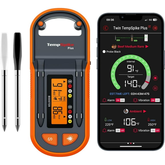 ThermoPro TempSpike Plus 600ft Wireless Meat Thermometer with 2 Color-Coded Probes, Bluetooth Meat Thermometer Wireless with LCD-Enhanced Booster for Food Cooking Grill Smoker
