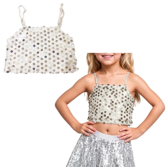 Sparkle Sequins Tank Tops for Girls Sleeveless Spaghetti Strap Crop Cami Camisole for Girls Ballet Latin Jazz Stage Performance