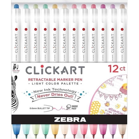 Zebra Pen ClickArt Retractable Marker Pen, Fine Point, 0.6mm, Assorted Light Ink Colors, 12-Pack