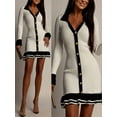 thumbnail image 5 of Womens Long Sleeve Ruffle Hem Knit Sweater Dress Collared Back Tie Knot Cut Out Mini Bodycon Dress Black & White M, 5 of 10
