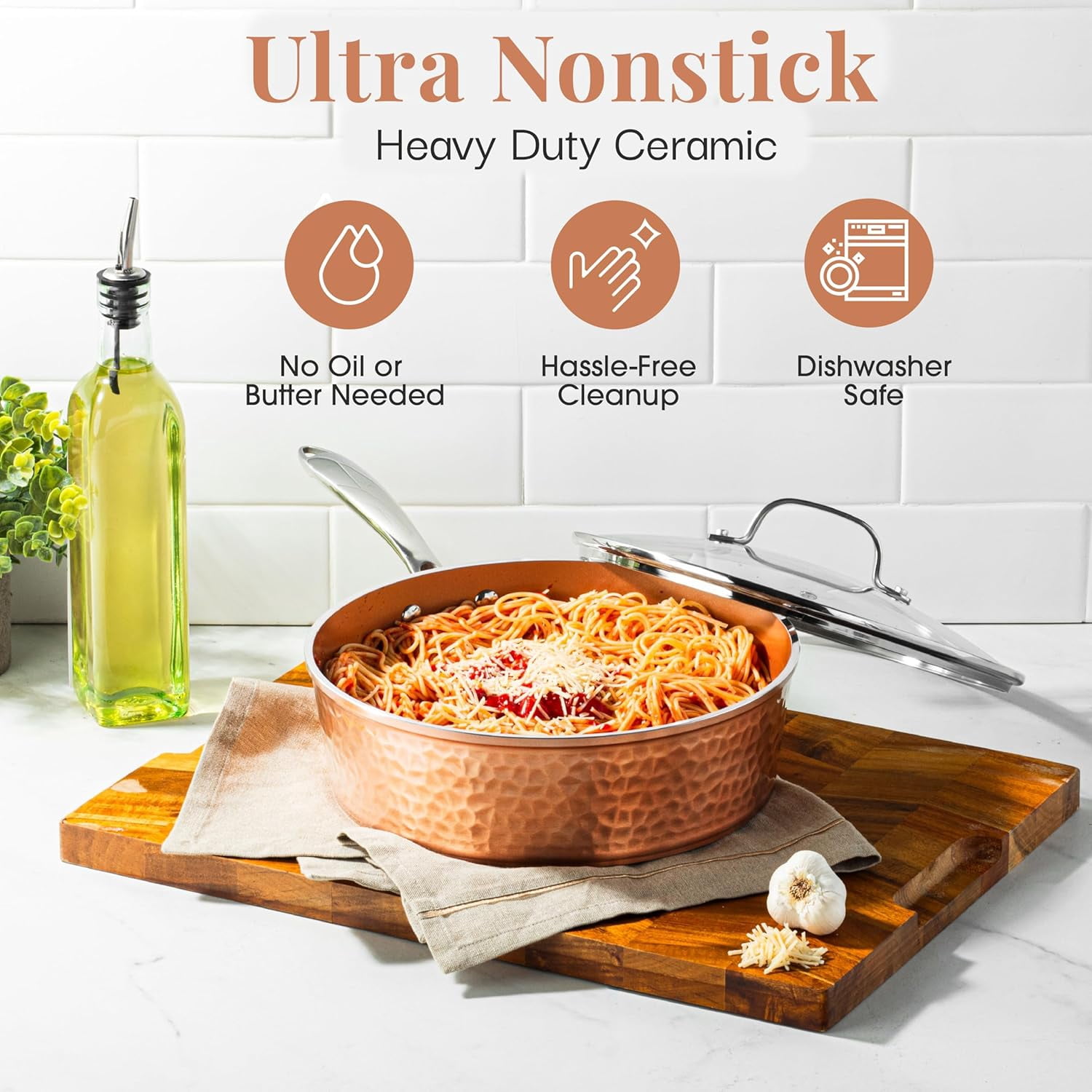 Gotham Steel Hammered 4 Quart Ceramic Frying Pan Non Stick with Lid, Nonstick Sauce Pan, Jumbo Cooker Cooking Pan Sauté Pan, Ceramic Family Pan, Frying Pans Nonstick with Lid, Copper