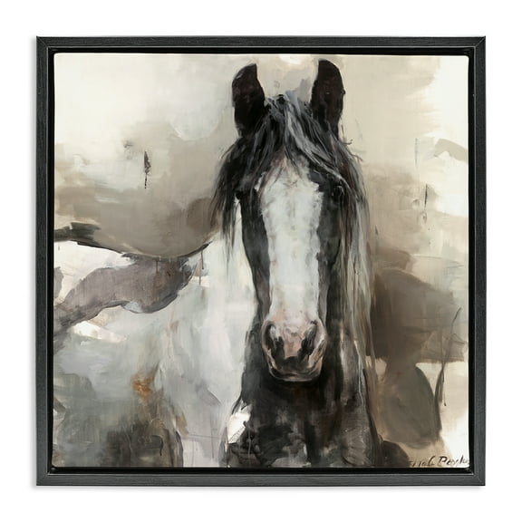 Stupell Industries Grey & Beige Horse Abstract Animals & Insects Painting Black Floater Framed Canvas Art Print Wall Art, 18 x 18