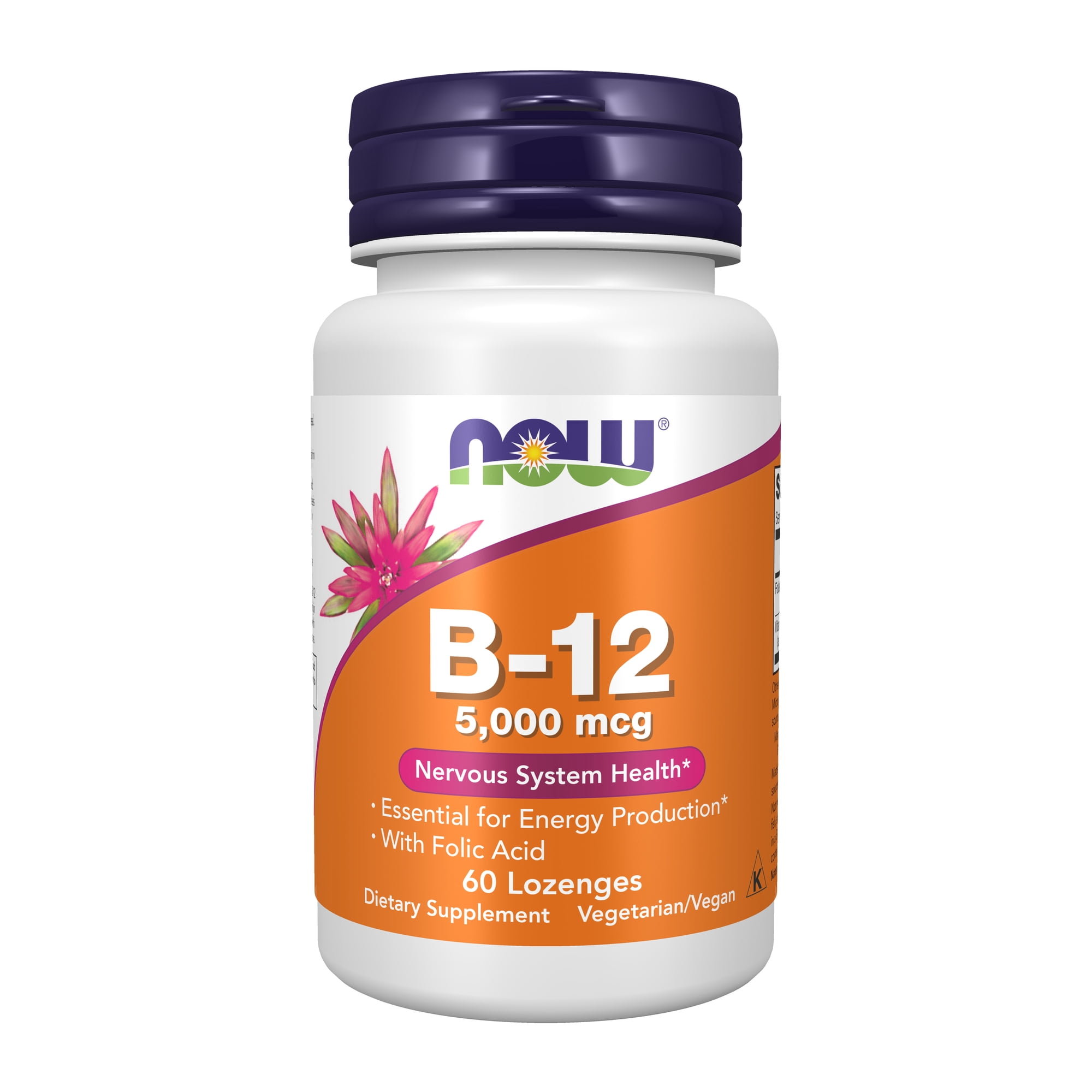 NOW Supplements, Vitamin B-12 5,000 mcg, With Folic Acid, Nervous System Health*, 60 Lozenges