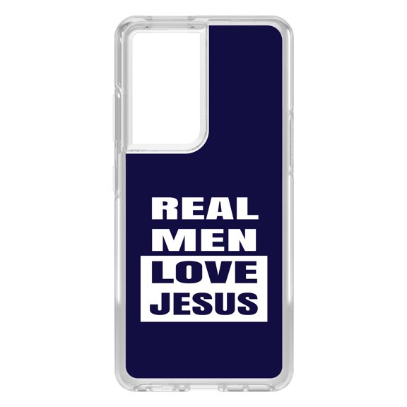 DistinctInk Clear Shockproof Hybrid Case for Galaxy S21 ULTRA 5G (6.8" Screen) - TPU Bumper, Acrylic Back, Tempered Glass Screen Protector - Navy Real Men Love Jesus - Love of Christ