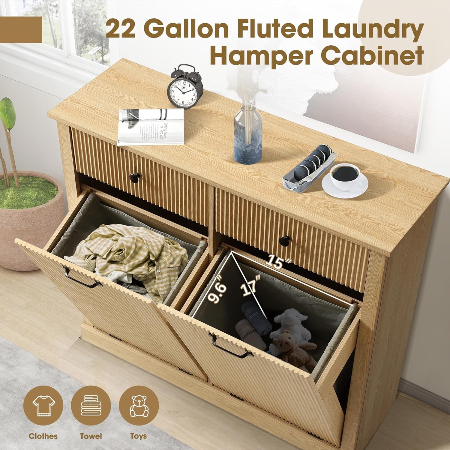 Magic Union Tilt Out Fluted Laundry Hamper Cabinet, 22 Gallon Double Hidden Laundry Hamper, Wooden Trash Can Cabinets with 2 Drawers, Modern Garbage Can Cabinet for Bathroom, Kitchen