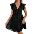 thumbnail image 2 of ClodeEU Women's Eyelet Embroidery A Line Dress ,Crew Neck Ruffle Trim Short Dresses Black ^,Womens Plus M, 2 of 6