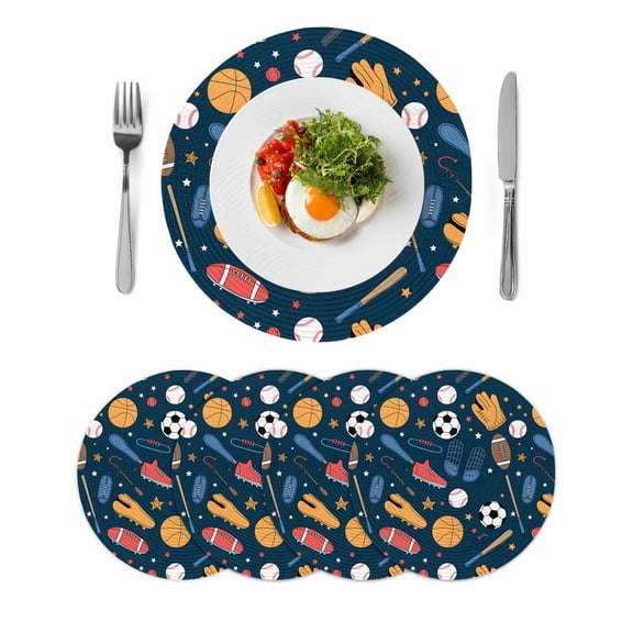 Sports Theme Round 13 Inch Placemats Set of 4, Cartoon Soccer Baseball Basketball Star Blue HeatResistant Non Slip Place Mats for Dining Table, Wipeable Braided Kitchen Table Mats for Housewarming