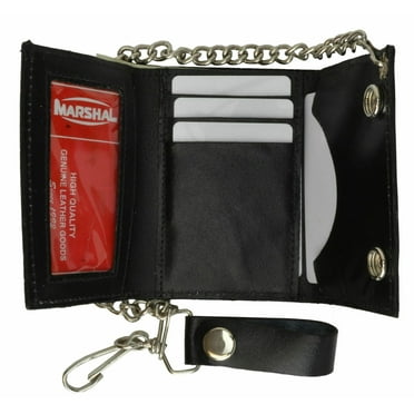 Genuine Leather Mens Black Trifold ID Wallet with Chain Biker Trucker Motorcycle