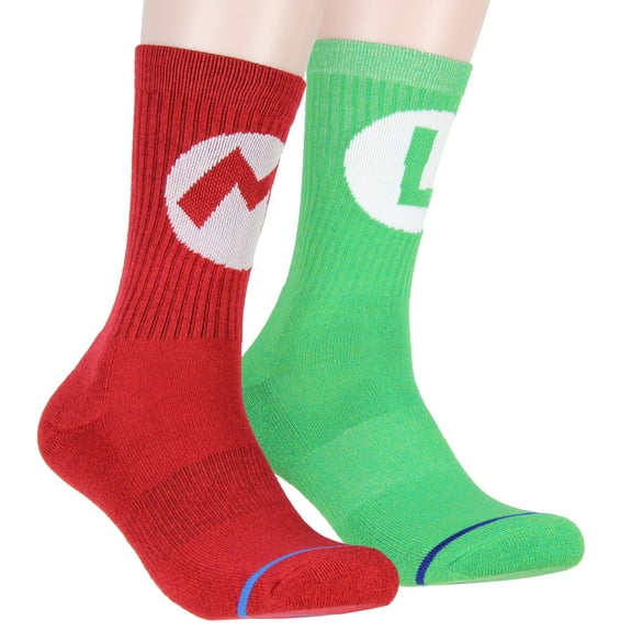 Nintendo Super Mario Adult Mario And Luigi Character Costume 2 Pair Crew Socks For Men Women