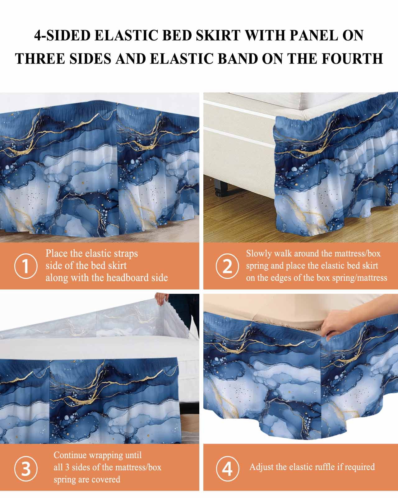 Marble Blue Wrap Around Bed Skirts for Queen Bed 16" Drop,Bed Skirt with Adjustable Elastic Belt Dust Ruffle Bed Valance for Bedroom Hotel Modern Gradient Gold Waves Nature Cracked Bed Frame Cover