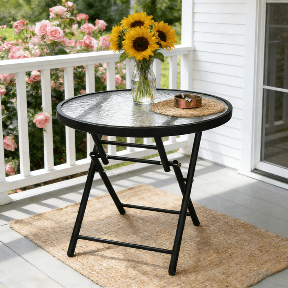 Ktaxon 18in Outdoor Metal Folding Glass Table, Round Side End with Tempered Glass Top for Porch Yard, Balcony, Garden, Black