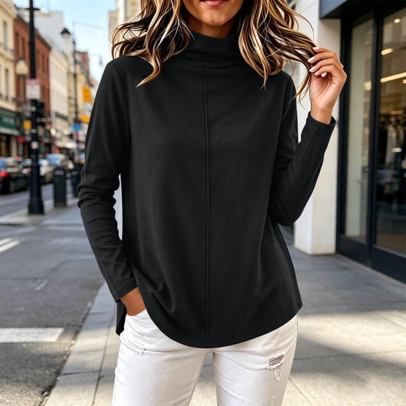 Pounoo Summer Tops for Women High Neck Solid Long Sleeve Curved Hem Womens Tops Relaxed Fit Lightweight Womens Tops