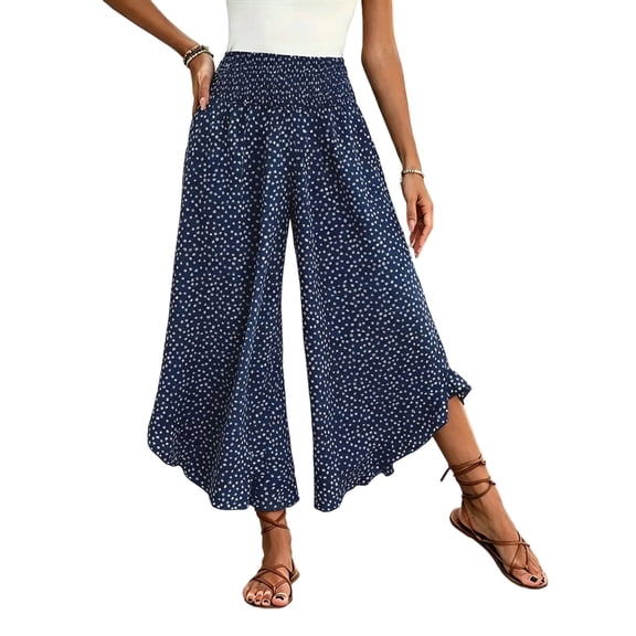 Womens Polka Dot Gaucho Wide Leg Pants Ruffle Elastic Waist Palazzo Pants Flowy Summer Vacation Dark Blue XL