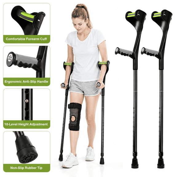 Adjustable Forearm Crutches for Adults, Lightweight Foldable Aluminum Walking Crutches with Ergonomic Handle, 10-Level Height, Anti-Drop Cuff & Non-Slip Tips (1 Pair)