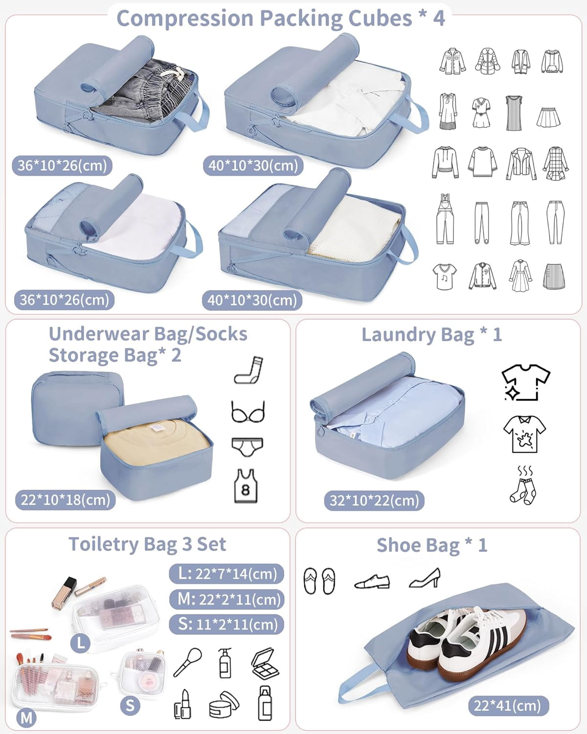 Compression Packing Cubes 11 Set, Suitcase Organizers, Luggage Organizer Bags for Storage, Extendable Packing Cubes for Travel Compression, Travel Essentials