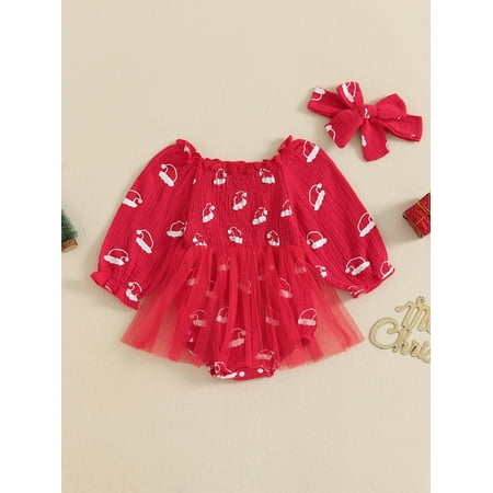 

Mama s sunshine Baby Girls Rompers Dress Christmas Clothes Santa Hat Print Mesh Skirt Hem Toddler Fall Bodysuits with Headband
