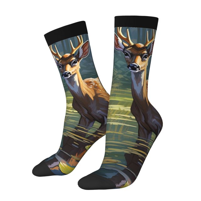 Balery Peaceful Deer Lily Pond Calcetas Largas con Estampado para Hombre y Mujer – Suaves y Transpirables, Talla Única (US 5-11)