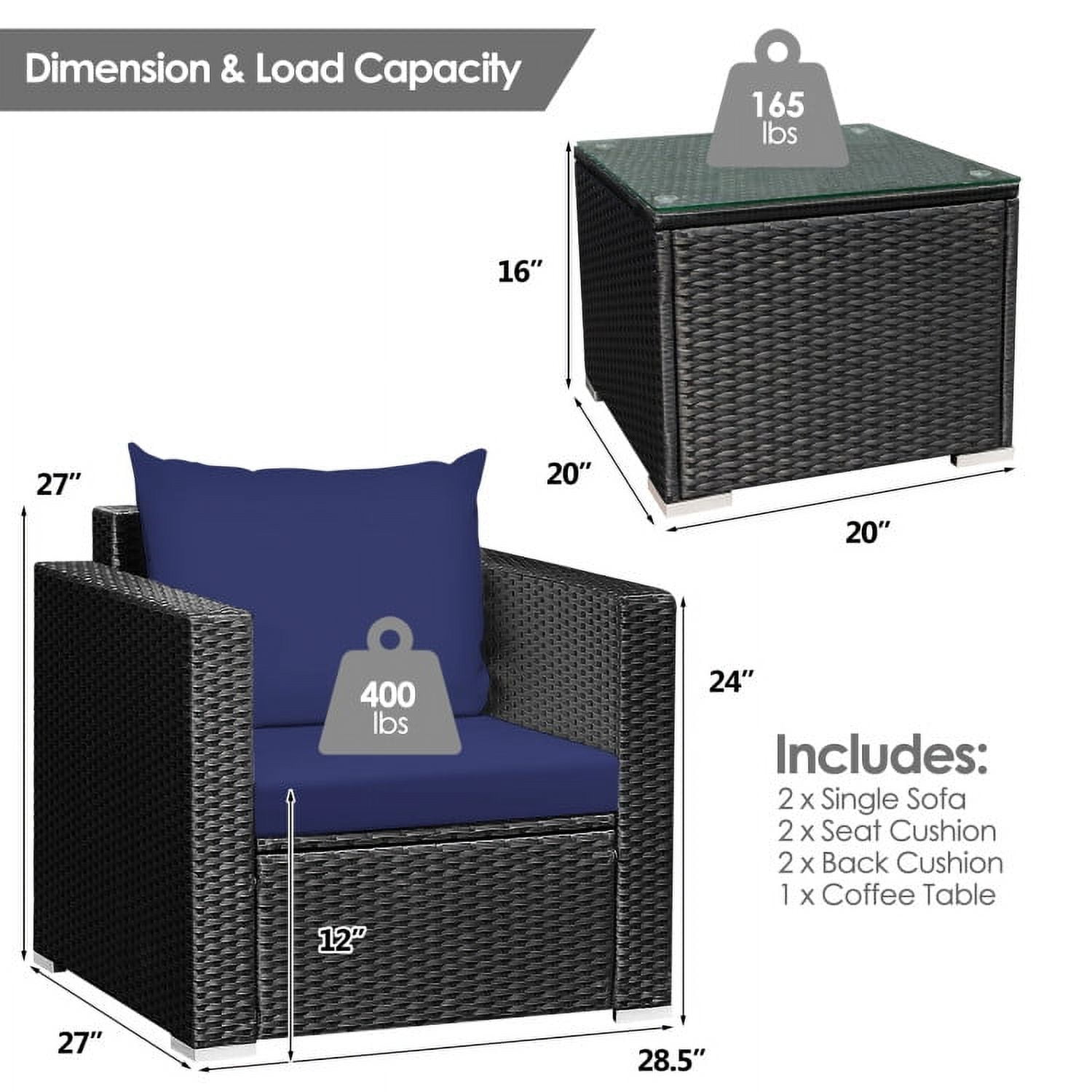 Aimee Lii 3 Pieces Patio Wicker Conversation Set with Cushion, Modern Patio Furniture, Navy Aimee Lii 3 Pieces Patio Wicker Conversation Set with Cushion, Modern Patio Furniture, Navy