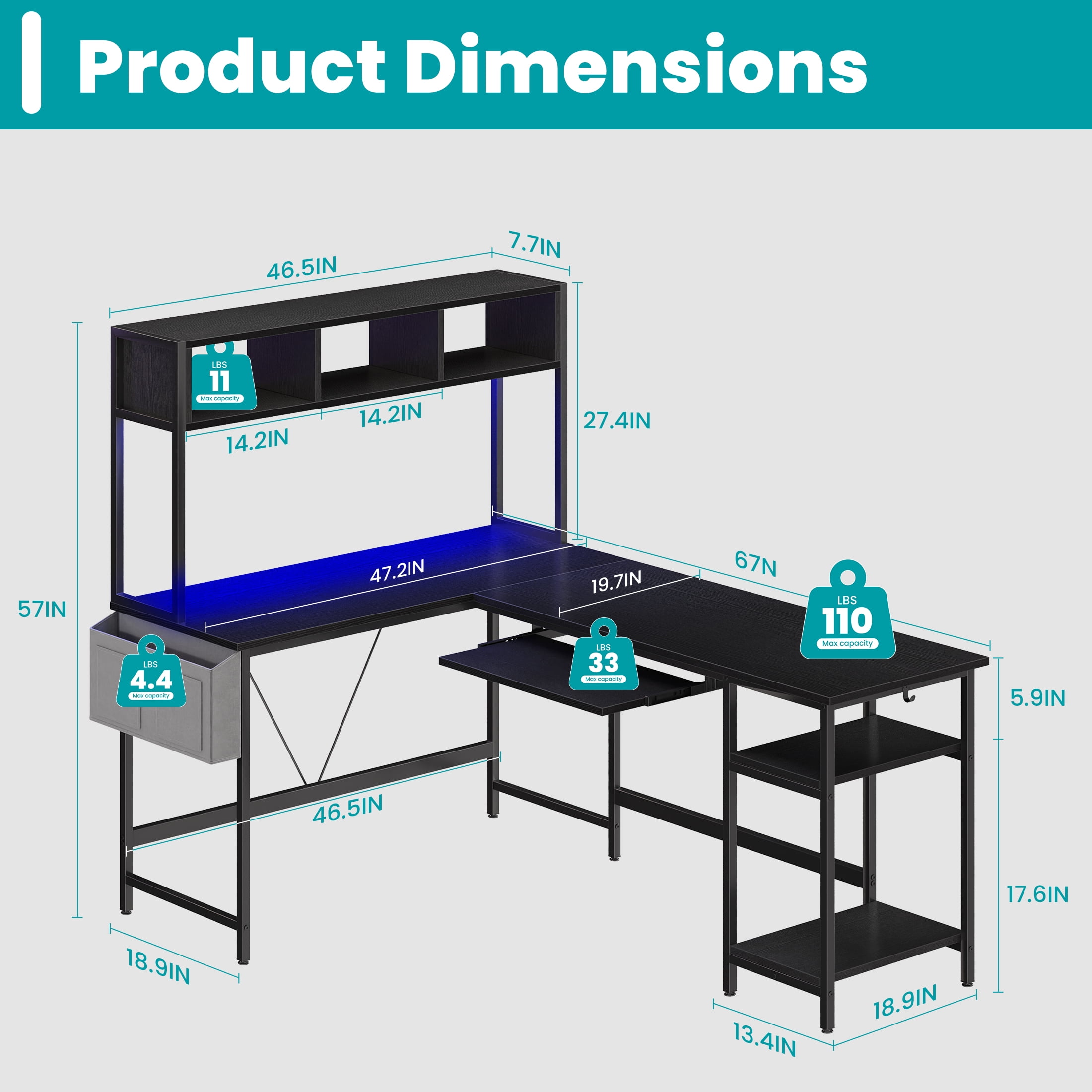 EDX 67'' L Shaped Computer Desk with LED Light, Shelf & Storage Bag & Keyboard Tray Corner Desk, Black