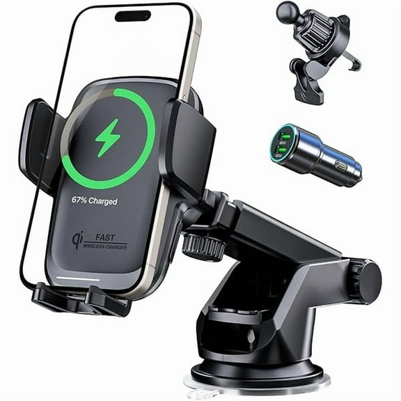 Wireless Charger for Car, Car Phone Holder Charger Mount Qi Certified Auto Clamping 15W Fast Charging for Dashboard Air Vent Windshield Mount for Samsung Galaxy/iPhone 16 15 14 13 12 /Google/LG