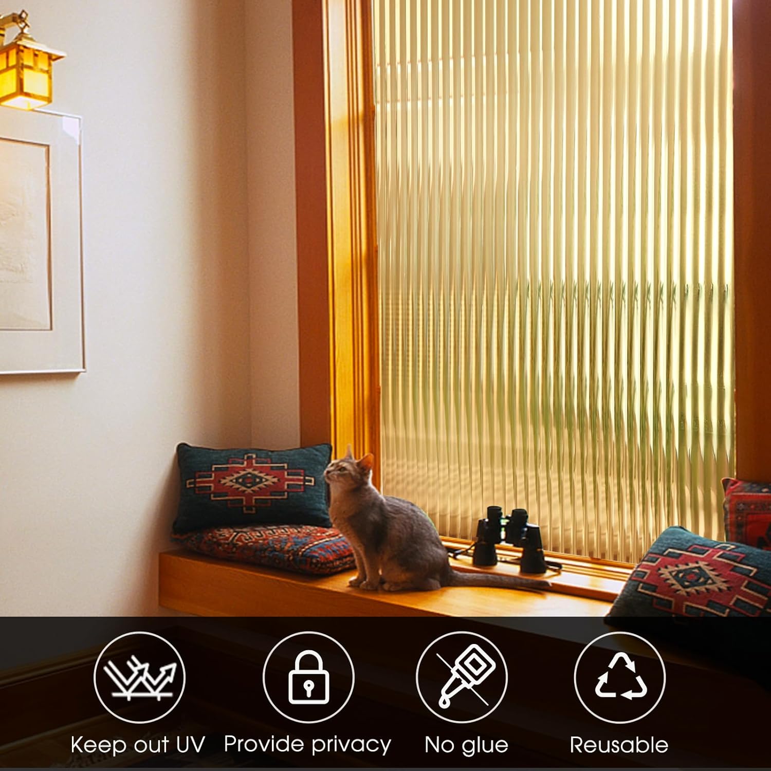 Window Privacy Film Reeded Glass Static Clings Fluted Frosted Decorative Window Stickers Winter Heat Control Sun Blocking Film Peel and Stick Adhesive Door Cover,17.5x78.7in,Umber