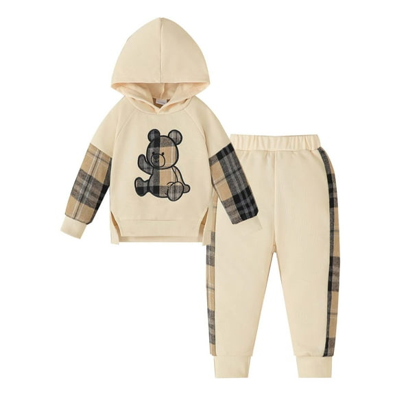 Kucnuzki 2T Toddler Girls Outfit Set 3T Child Clothes Winter Long Sleeves Bear Pullover Hoodie Sweatshirt Hooded Top Plaid Color Block Pants 2pcs Outwear Warm Clothing Apricot
