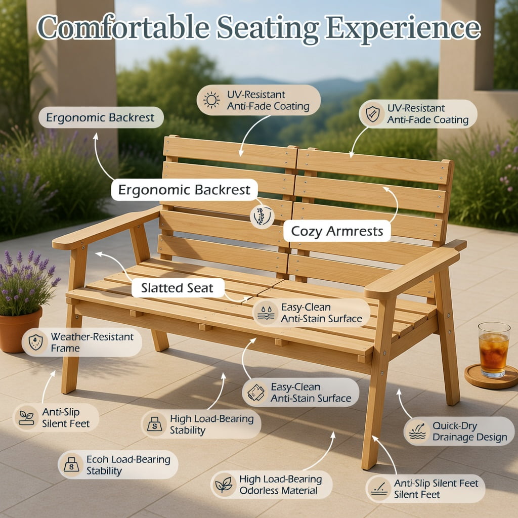 Hommoo Outdoor Folding Fir Wood Patio Bench with Built-in Center Table, Rustic Garden Seating for Backyard, Porch, or Deck, Natural